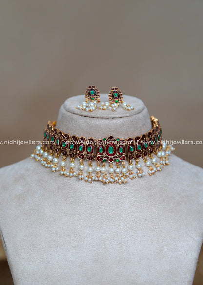Antique Maroon Kemp and Green Stone Choker Set with Pearl Clusters-Tanvi Kemp Guttapusalu