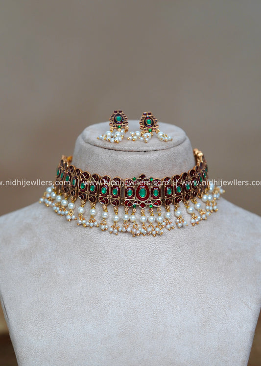 Antique Maroon Kemp and Green Stone Choker Set with Pearl Clusters-Tanvi Kemp Guttapusalu