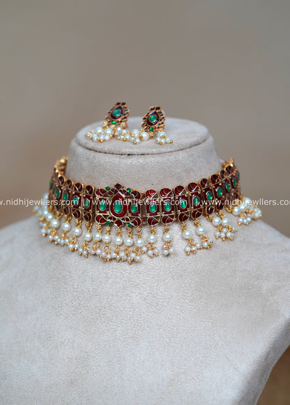 Antique Maroon Kemp and Green Stone Choker Set with Pearl Clusters-Tanvi Kemp Guttapusalu
