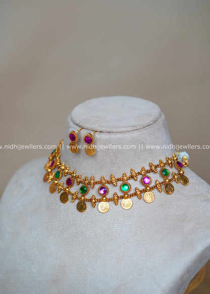 Antique Kasu Coin and Alternating Kemp Stone Layered Necklace Set with Earrings-Dhanvi