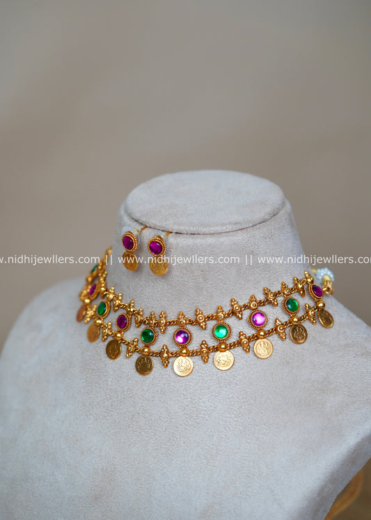 Antique Kasu Coin and Alternating Kemp Stone Layered Necklace Set with Earrings-Dhanvi