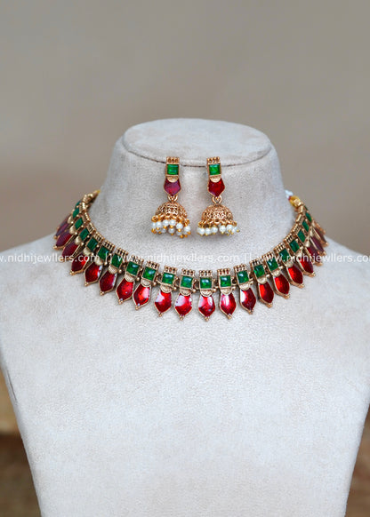 Antique Royal Blue and Green Palakka Necklace Set with Matching Jhumkas-Kavyanjali (Maroon)