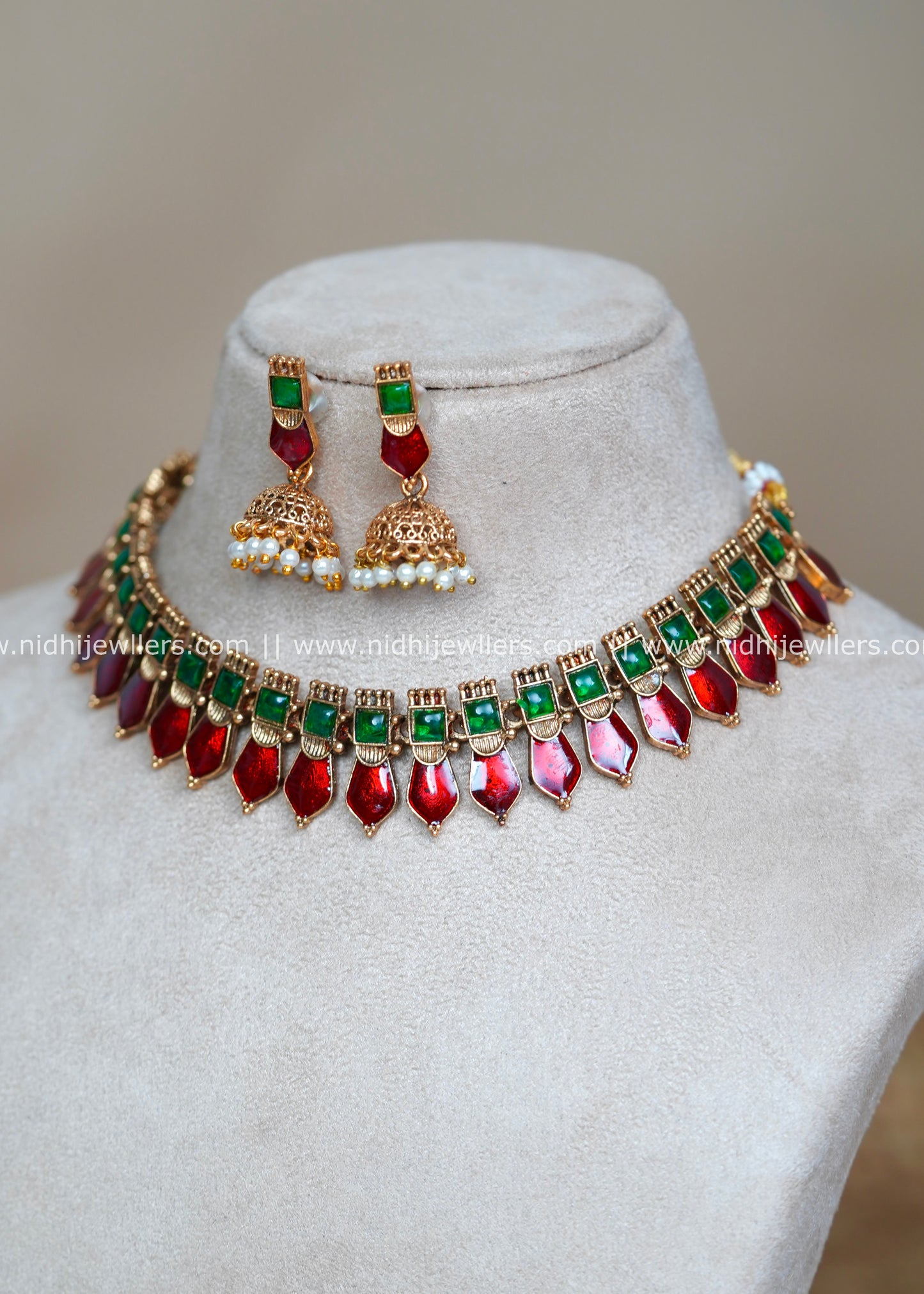 Antique Royal Blue and Green Palakka Necklace Set with Matching Jhumkas-Kavyanjali (Maroon)