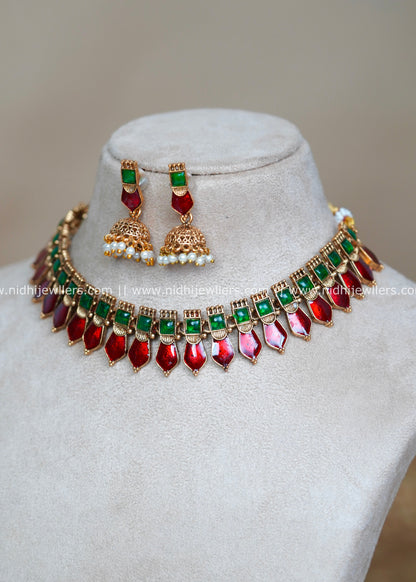 Antique Royal Blue and Green Palakka Necklace Set with Matching Jhumkas-Kavyanjali (Maroon)