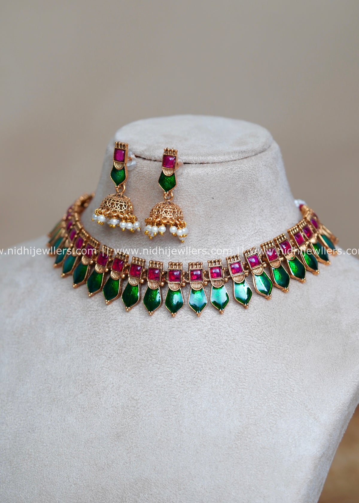 Antique Royal Blue and Green Palakka Necklace Set with Matching Jhumkas-Kavyanjali (Green)