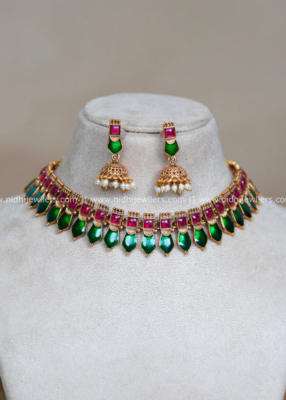 Antique Royal Blue and Green Palakka Necklace Set with Matching Jhumkas-Kavyanjali (Green)