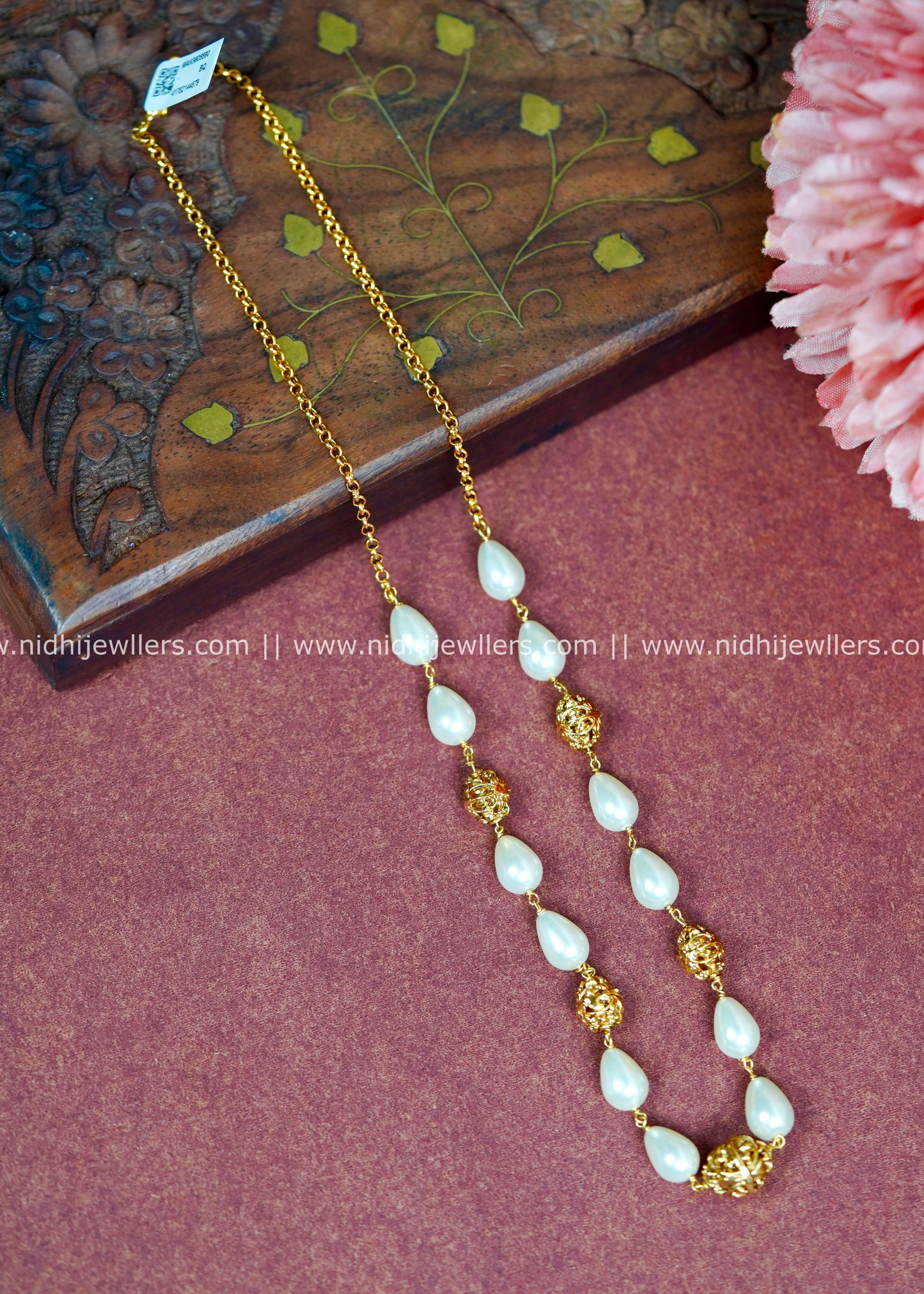 Gold-Tone Teardrop Pearl and Intricate Filigree Bead Long Layering Necklace-Mukta
