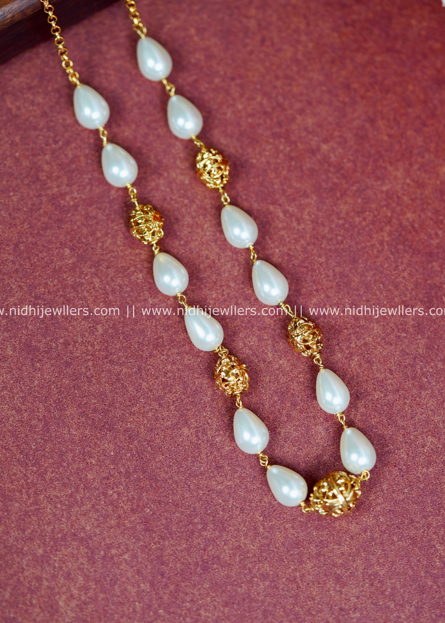 Gold-Tone Teardrop Pearl and Intricate Filigree Bead Long Layering Necklace-Mukta