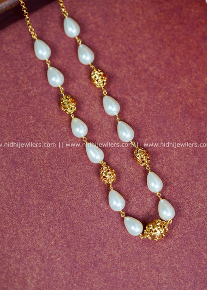 Gold-Tone Teardrop Pearl and Intricate Filigree Bead Long Layering Necklace-Mukta