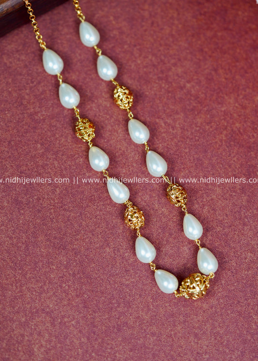 Gold-Tone Teardrop Pearl and Intricate Filigree Bead Long Layering Necklace-Mukta