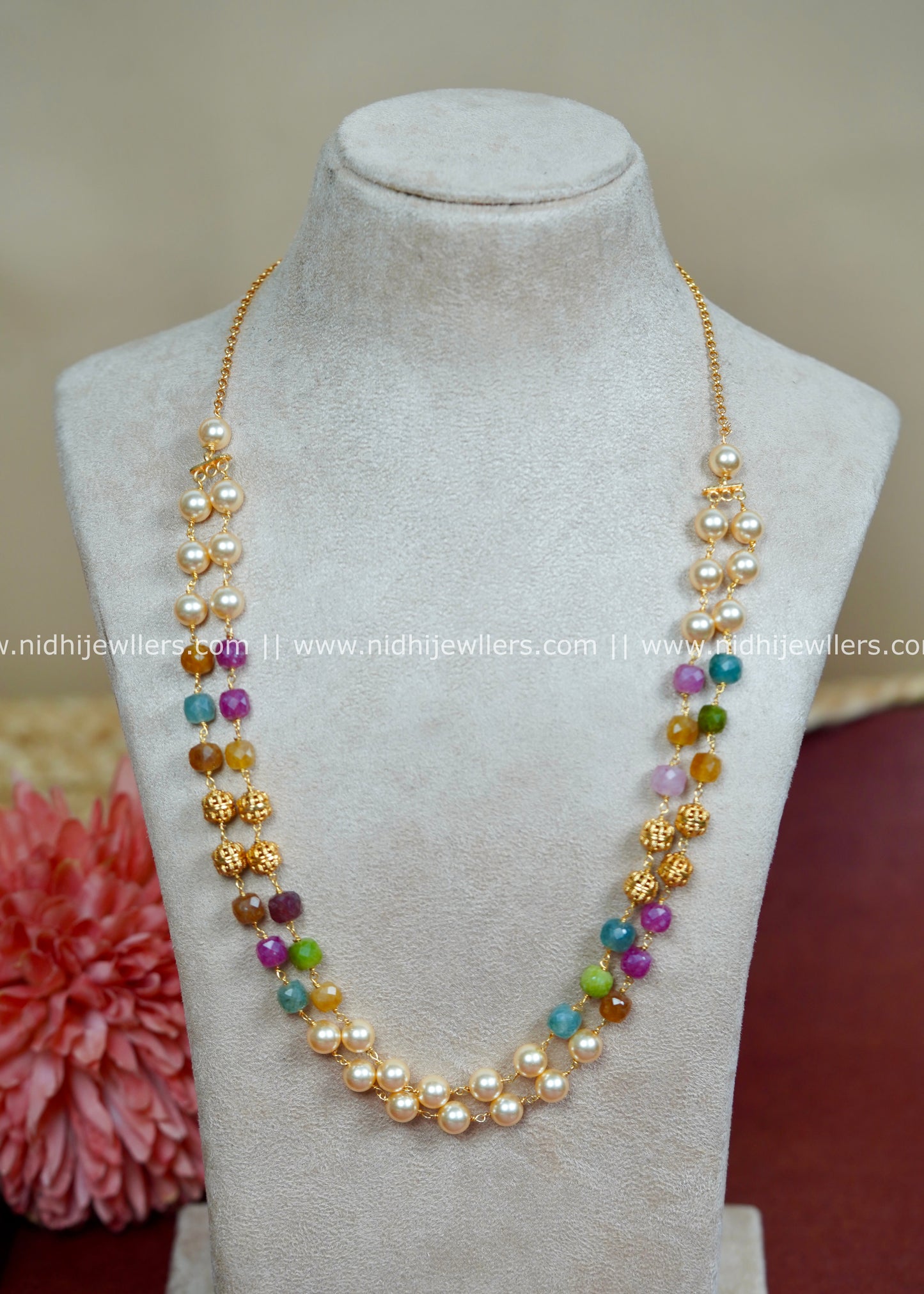 Double-Stranded Multi-Colored Gemstone and Pearl Layered Necklace-Navya