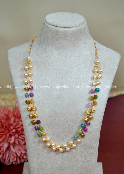 Double-Stranded Multi-Colored Gemstone and Pearl Layered Necklace-Navya