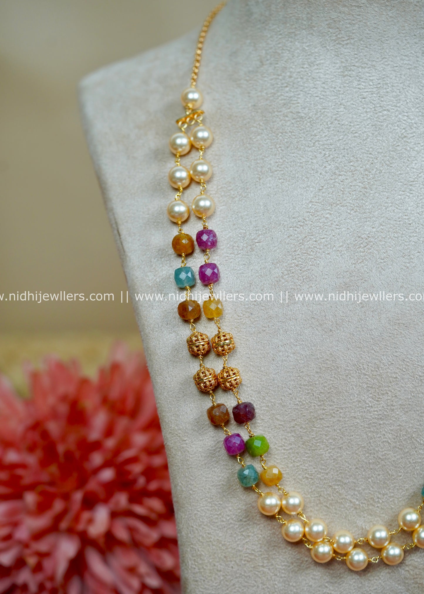 Double-Stranded Multi-Colored Gemstone and Pearl Layered Necklace-Navya