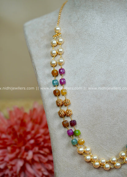 Double-Stranded Multi-Colored Gemstone and Pearl Layered Necklace-Navya