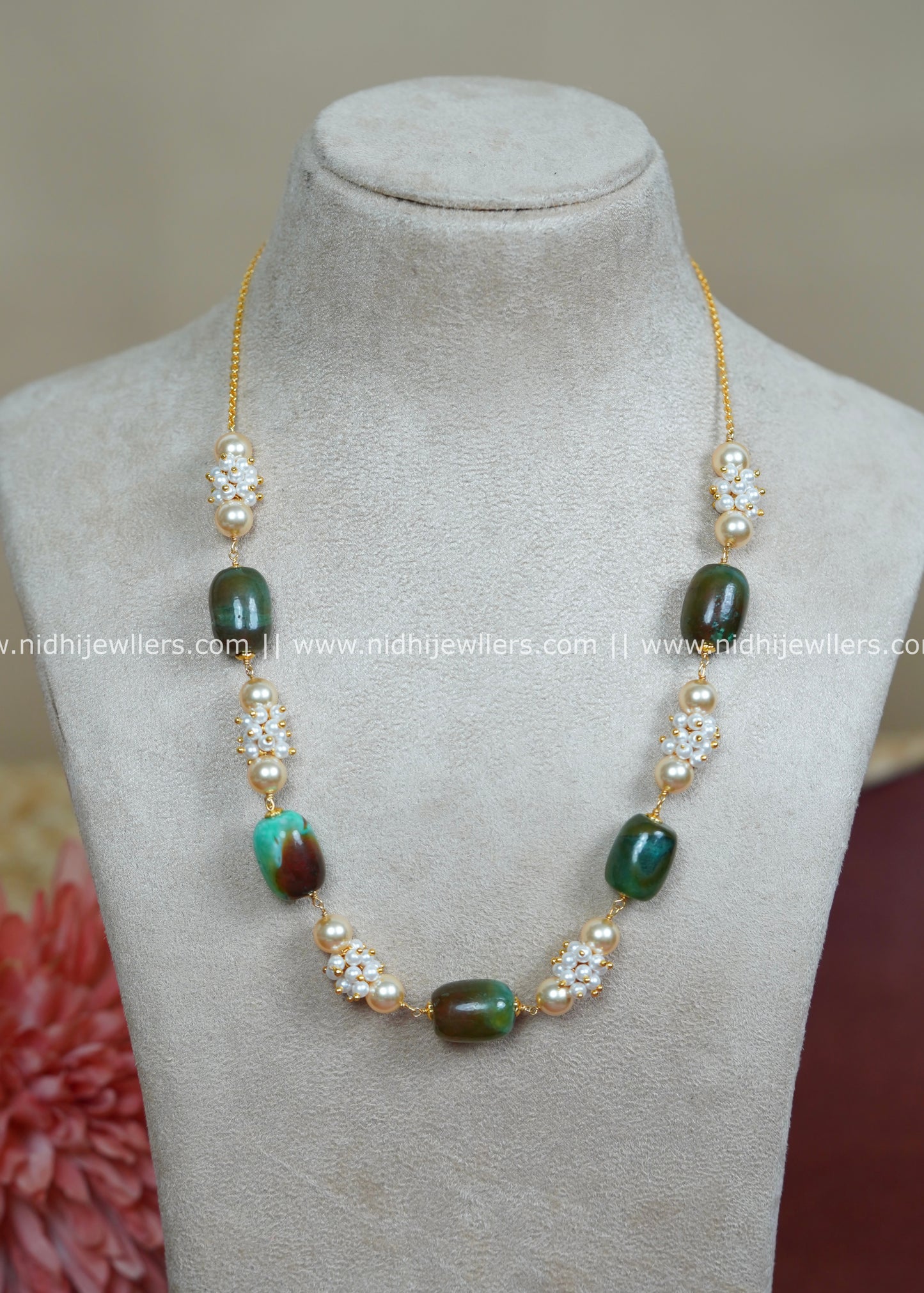 Premium Natural Tumbled Stone and Pearl Cluster Statement Mala-Avani