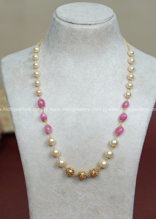 Gold-plated Long Mala Chain with Soft Pink Tumbled Stones and Pearls