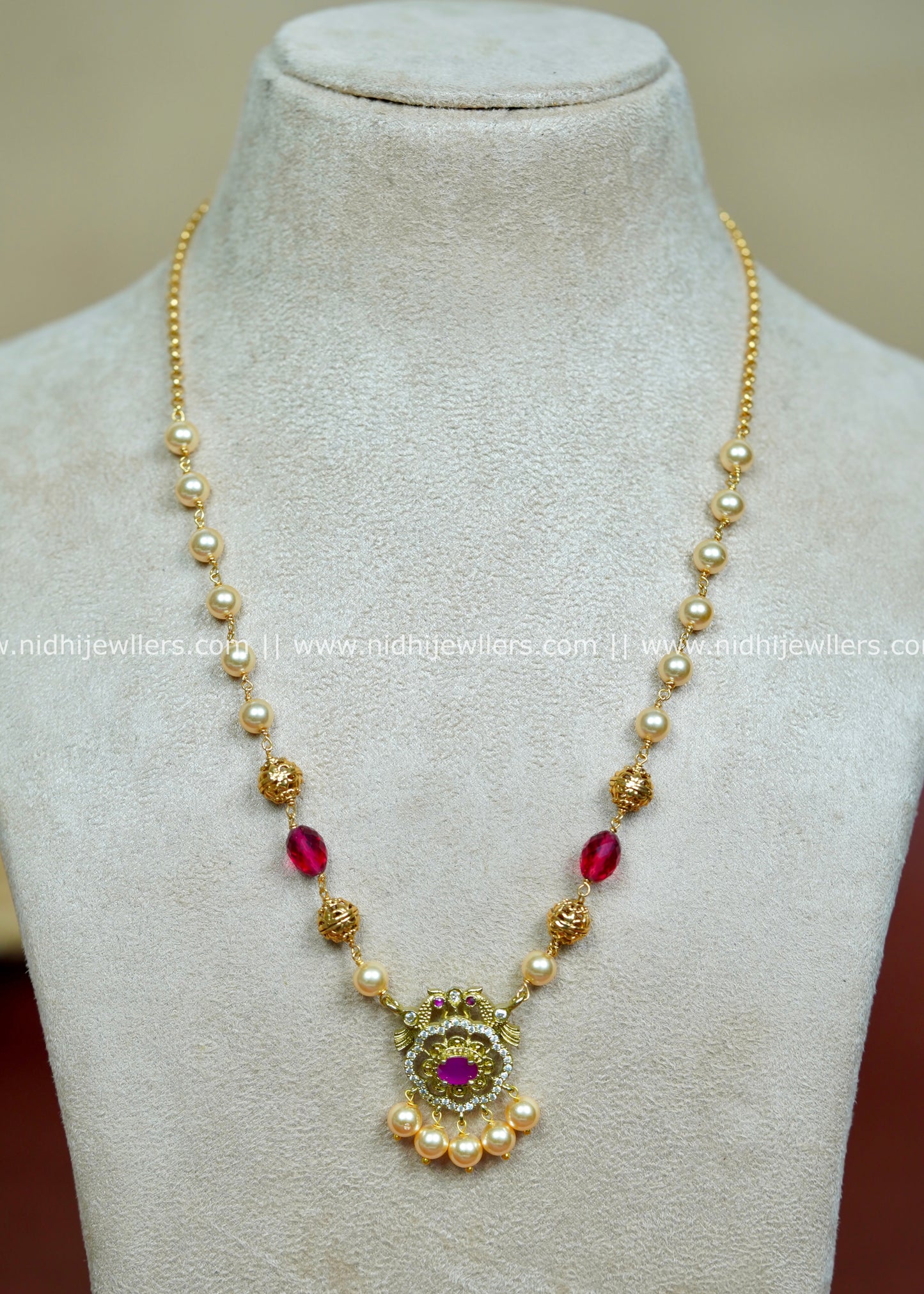 Gold-Tone Pearl and Ruby Pendant Necklace with Filigree Accents-Charu