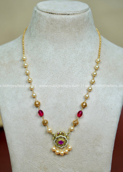 Gold-Tone Pearl and Ruby Pendant Necklace with Filigree Accents-Charu