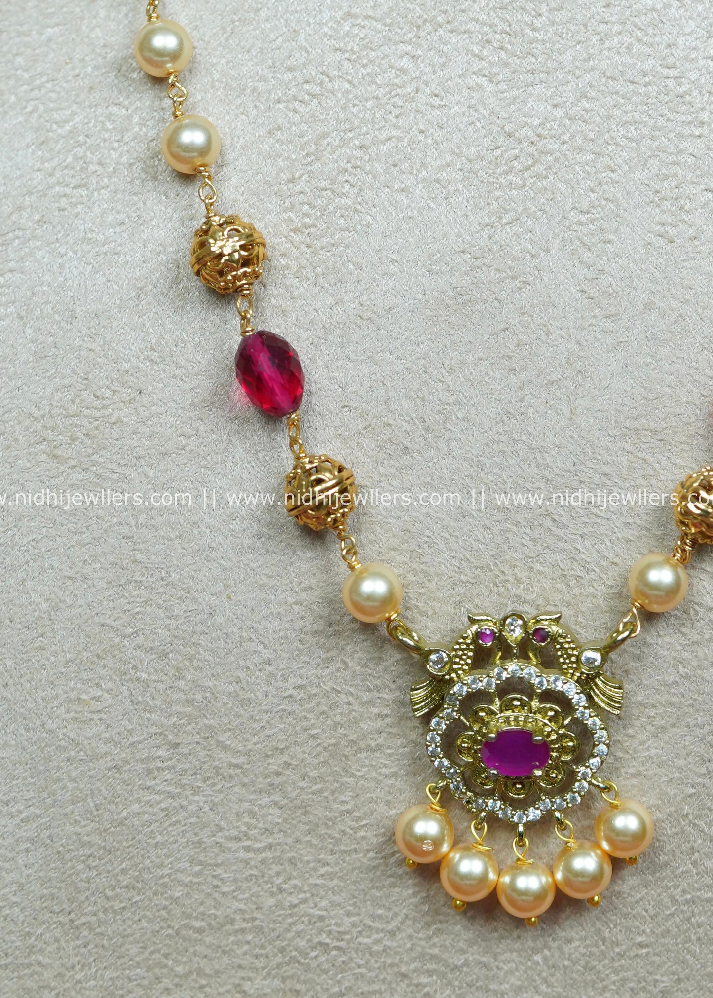 Gold-Tone Pearl and Ruby Pendant Necklace with Filigree Accents-Charu