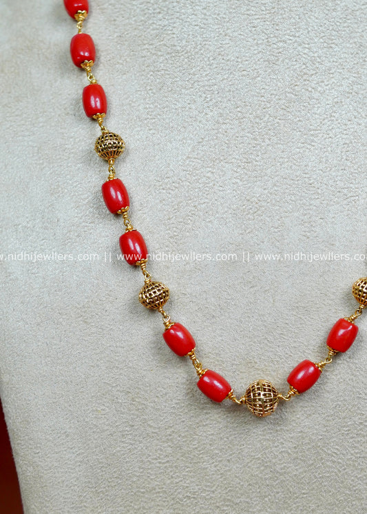 Antique Gold plated  Long Mala Chain with Vibrant Coral Beads-Ahana