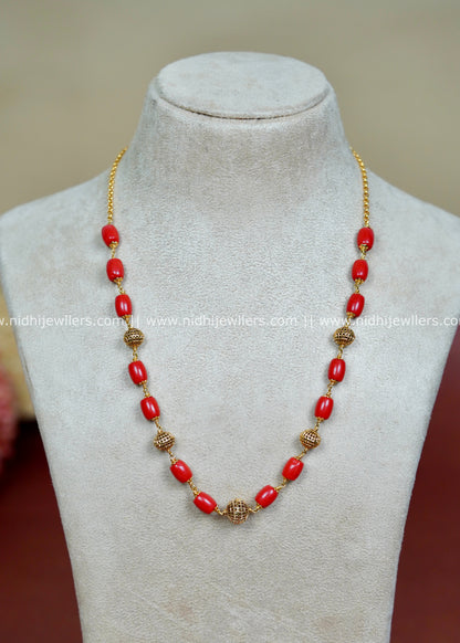 Antique Gold plated  Long Mala Chain with Vibrant Coral Beads-Ahana