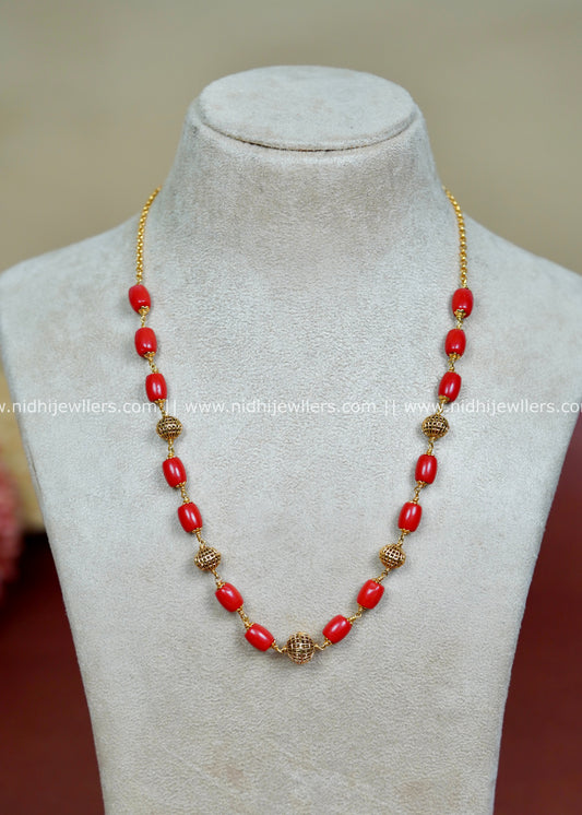 Antique Gold plated  Long Mala Chain with Vibrant Coral Beads-Ahana