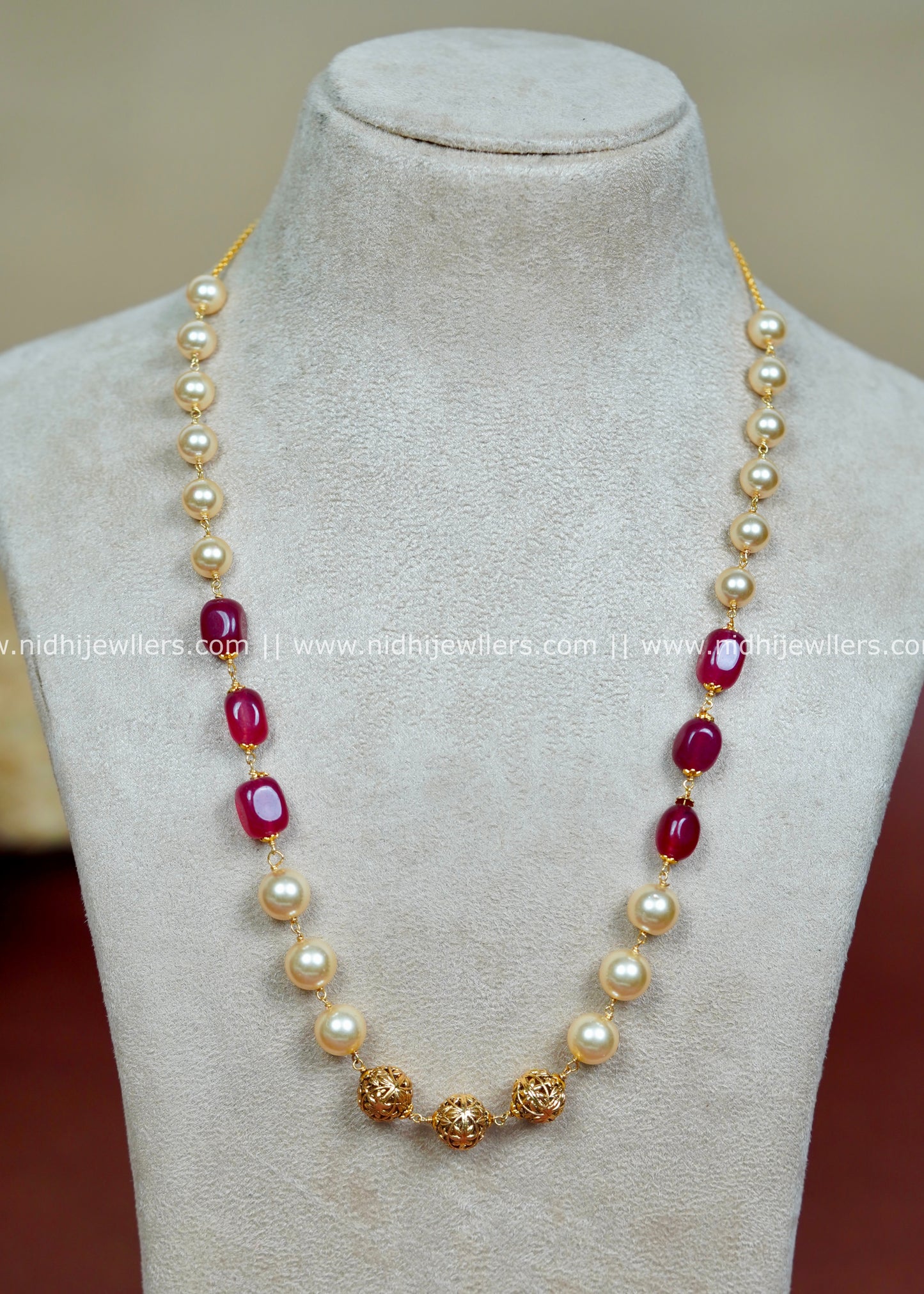 Gold-Tone Long Mala Chain with Deep Ruby Tumbled Stones and Pearls-Ira