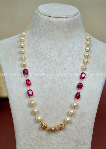 Gold-Tone Long Mala Chain with Deep Ruby Tumbled Stones and Pearls-Ira