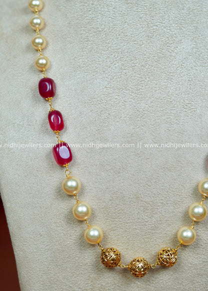 Gold-Tone Long Mala Chain with Deep Ruby Tumbled Stones and Pearls-Ira