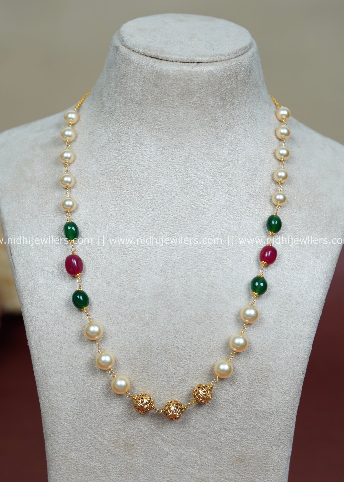Gold-Plated Long Mala Chain with Emerald Green and Ruby stone  -Ira