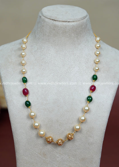 Gold-Plated Long Mala Chain with Emerald Green and Ruby stone  -Ira
