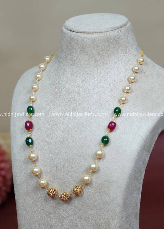 Gold-Plated Long Mala Chain with Emerald Green and Ruby stone  -Ira