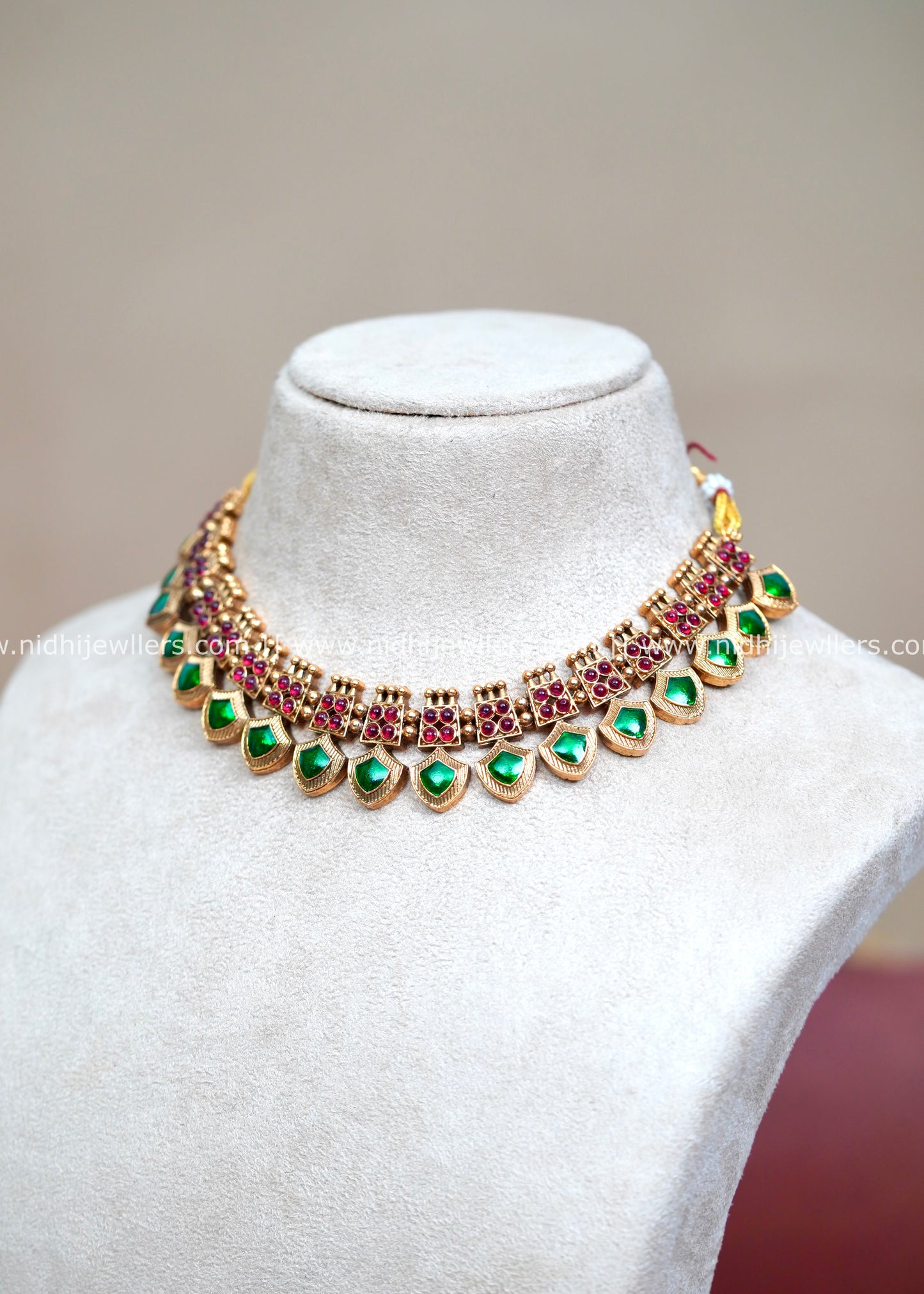 Antique Gold-Tone Geometric Kemp Collar Necklace with Shield-Shaped Drops-Malavika