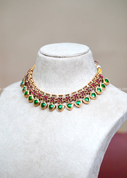Antique Gold-Tone Geometric Kemp Collar Necklace with Shield-Shaped Drops-Malavika