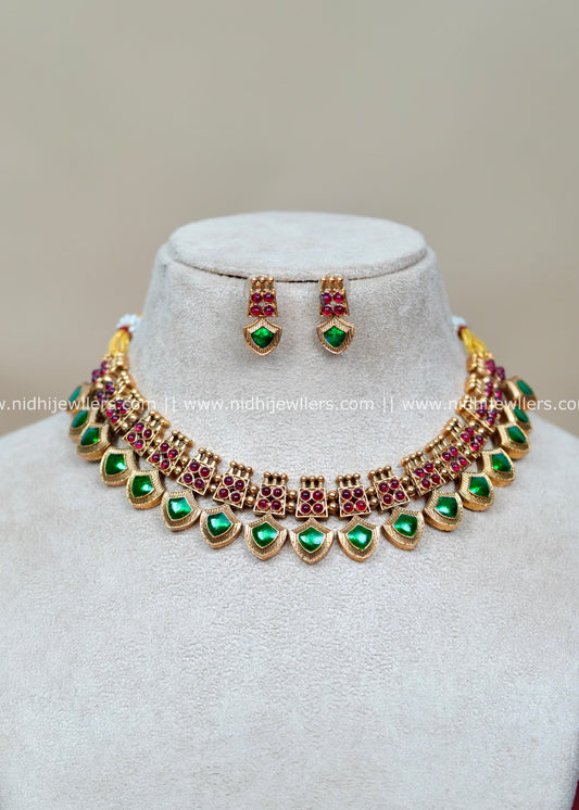 Antique Gold-Tone Geometric Kemp Collar Necklace with Shield-Shaped Drops-Malavika