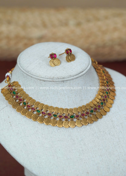 Antique Double-Row Kasu Coin Choker Set (with Earrings)