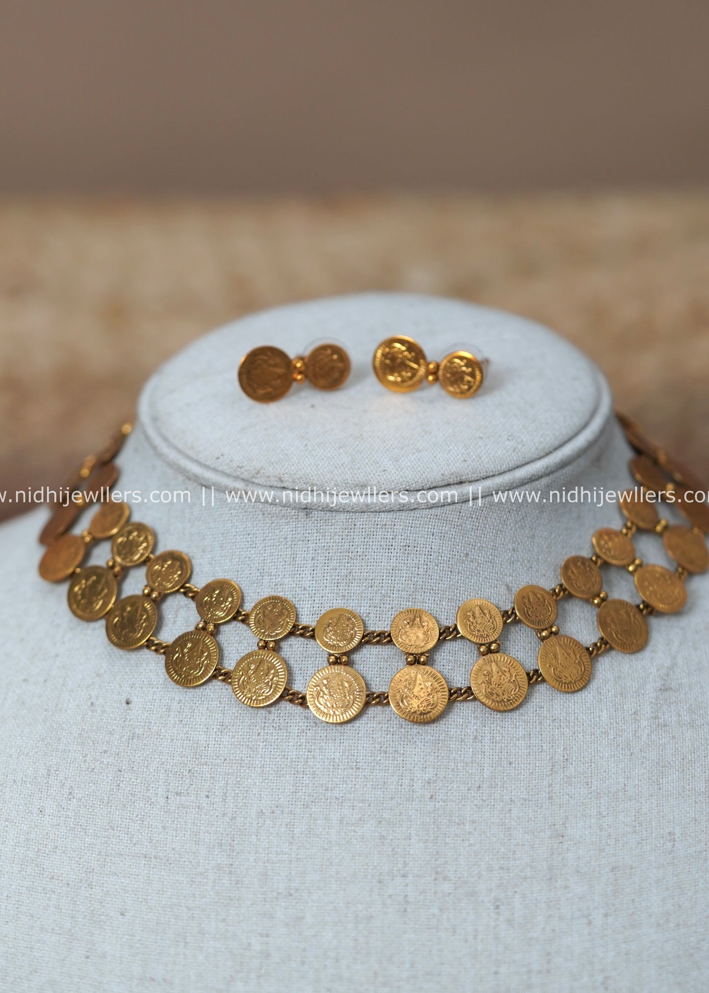 Antique  Double-Row Kasu Coin Lattice Necklace Set - Kalyani