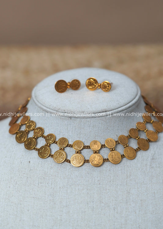Antique  Double-Row Kasu Coin Lattice Necklace Set - Kalyani