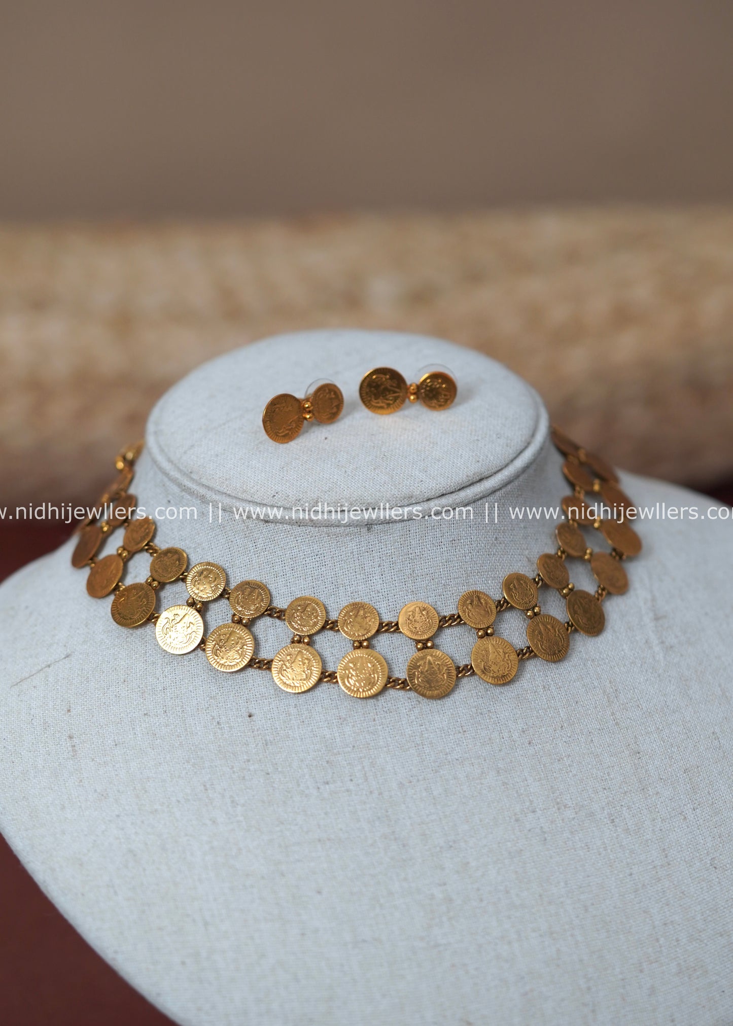 Antique  Double-Row Kasu Coin Lattice Necklace Set - Kalyani
