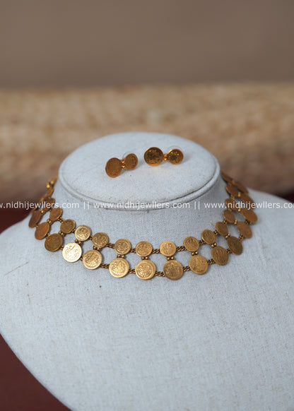 Antique  Double-Row Kasu Coin Lattice Necklace Set - Kalyani