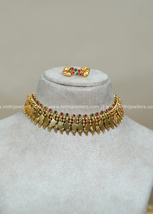Antique Matte Elakkathali Necklace Set with Kemp Accents- Sunanda