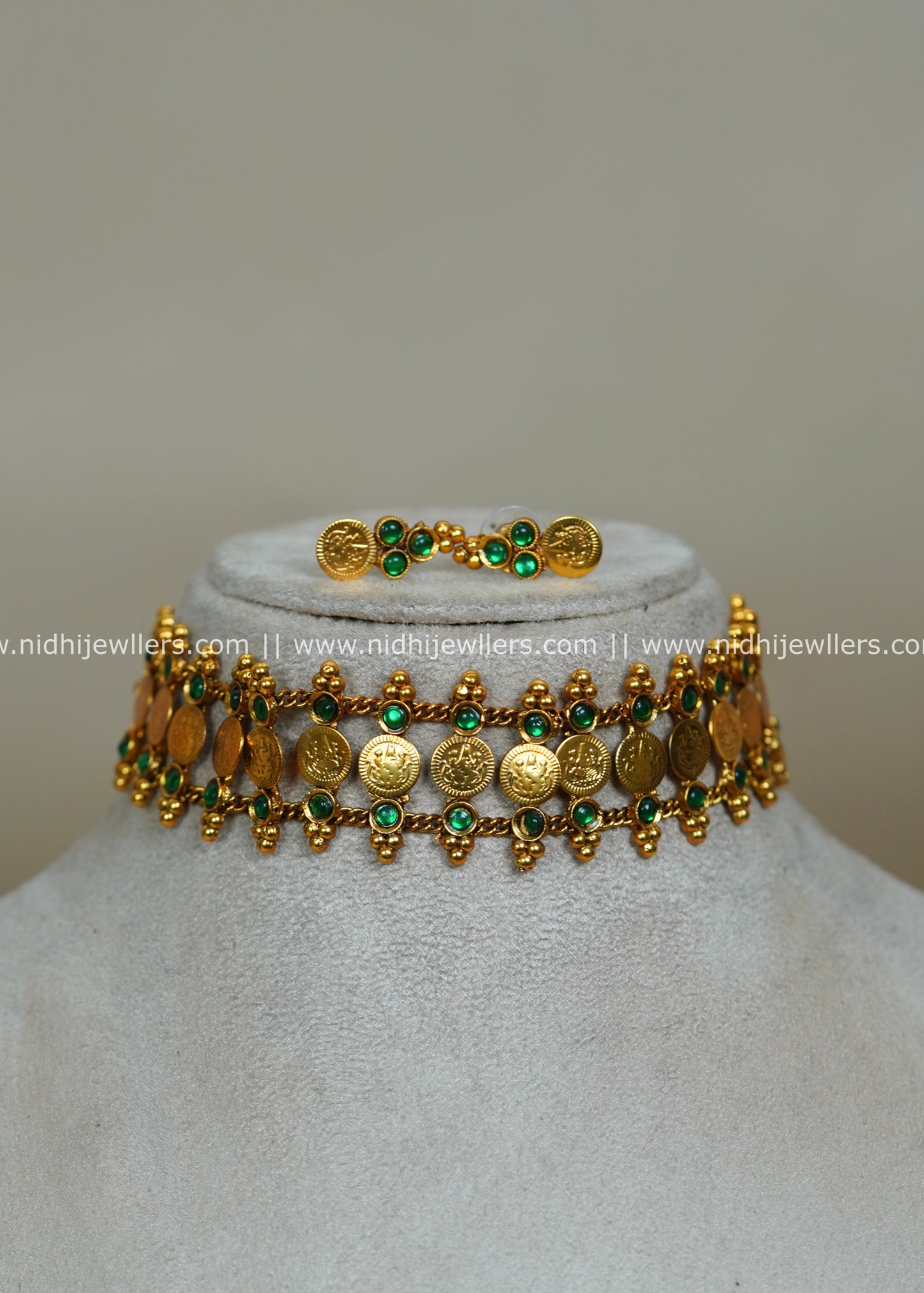 Antique Gold-Tone Lakshmi Coin and Emerald-Green Stone Choker Necklace- Vrinda
