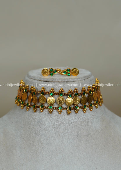 Antique Gold-Tone Lakshmi Coin and Emerald-Green Stone Choker Necklace- Vrinda