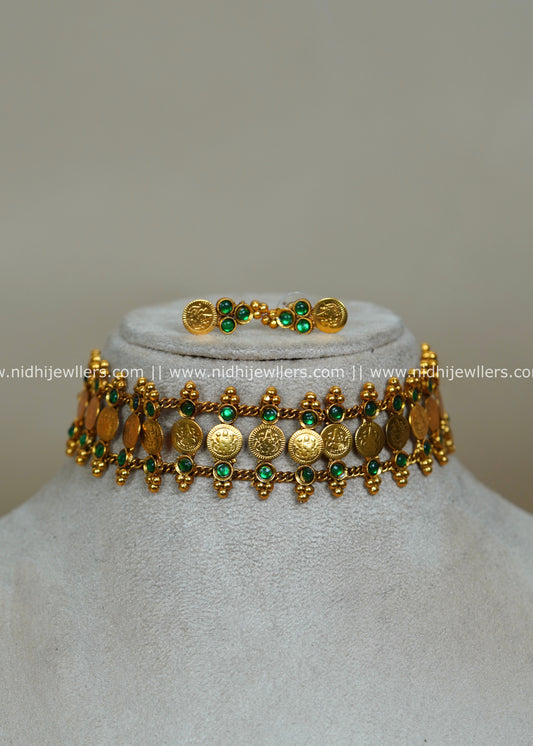 Antique Gold-Tone Lakshmi Coin and Emerald-Green Stone Choker Necklace- Vrinda