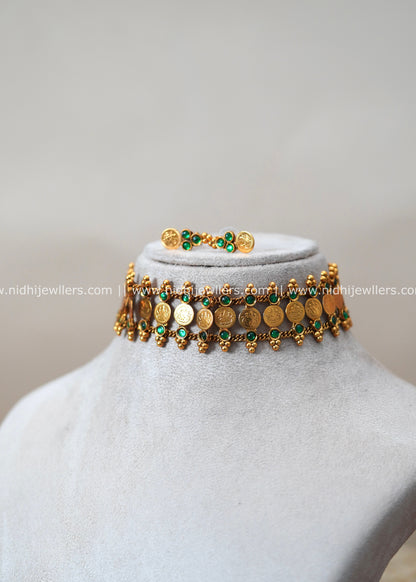 Antique Gold-Tone Lakshmi Coin and Emerald-Green Stone Choker Necklace- Vrinda