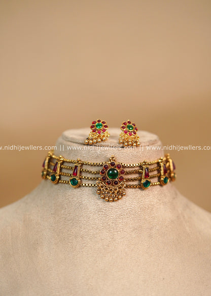 Kemp Floral Choker Necklace with Multi-Layered Box Chains - Tanvi
