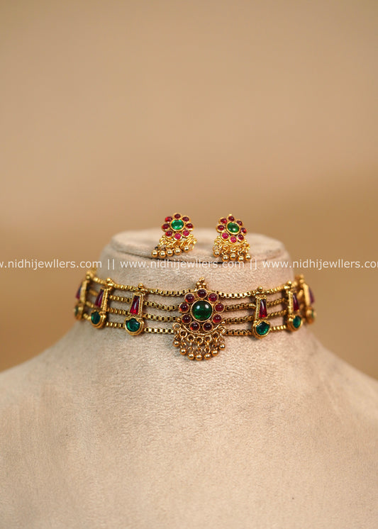 Kemp Floral Choker Necklace with Multi-Layered Box Chains - Tanvi