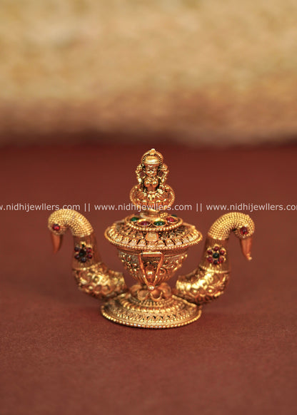 Antique Polished Lakshmi and Peacock Kumkum Box (Sindoor Dani)