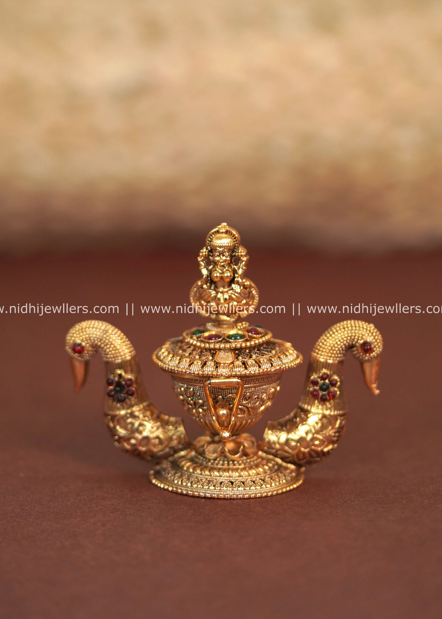Antique Polished Lakshmi and Peacock Kumkum Box (Sindoor Dani)