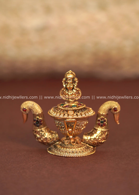 Antique Polished Lakshmi and Peacock Kumkum Box (Sindoor Dani)